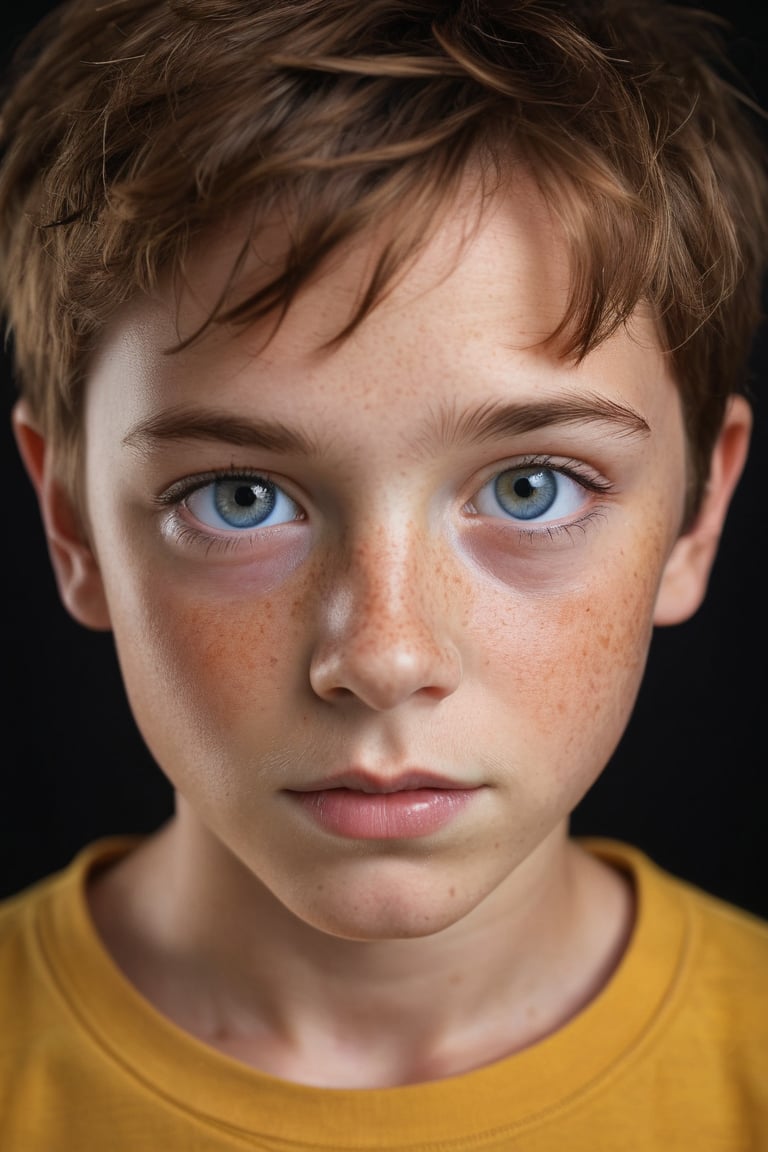 a boy with brown hair and blue eyes is the focal point of this close-up portrait. he's dressed in a mustard-colored t-shirt, his gaze directed straight into the camera. his face is marred by freckles, adding a touch of authenticity to his appearance. the backdrop is a stark black, providing a stark contrast to the boy's face and attire.