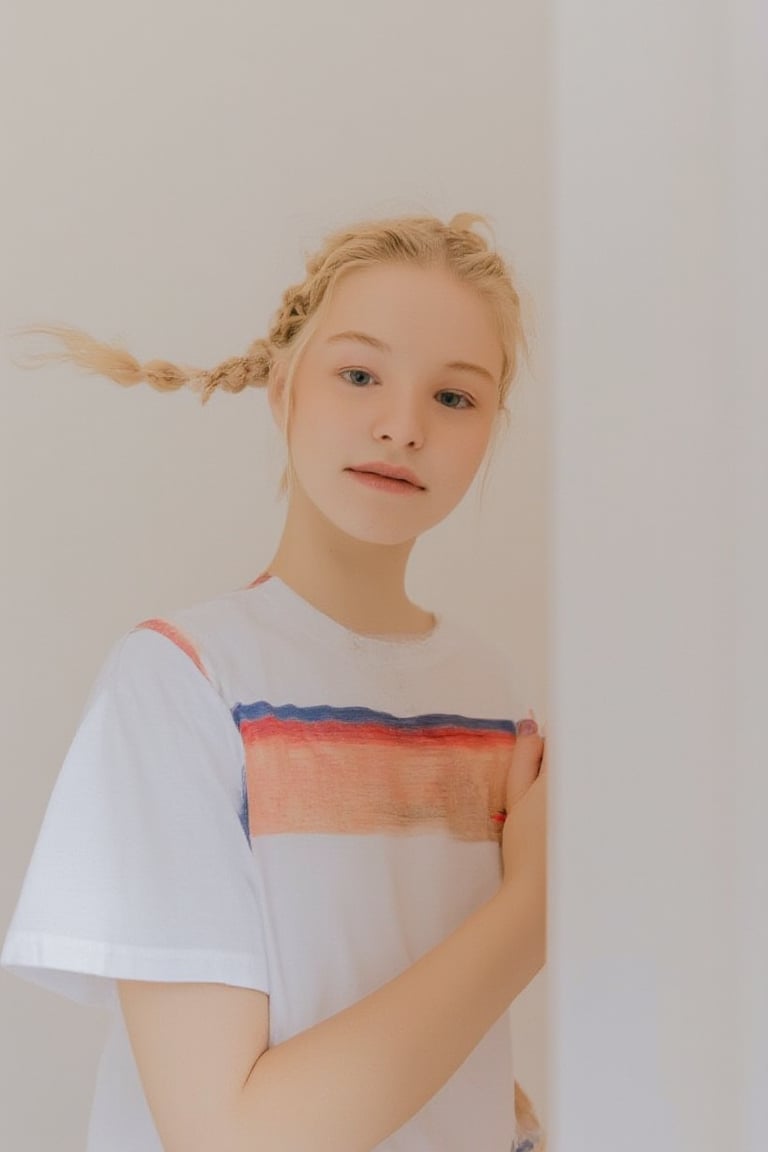 A serene portrait of a blonde-haired young girl with light skin tone, posing in front of a plain white wall. Her messy braids frame her face, and her soft green eyes are half-lidded, hinting at a subtle smile. She wears a striped T-shirt, adding a playful touch to her natural makeup look. The gentle lighting casts even shadows, emphasizing her features without harshness.
The image is a high-resolution photograph of a young girl with a light skin tone and blonde hair styled in two braids. Her hair is slightly tousled, with a few strands framing her face. She has a natural, neutral makeup look with a hint of pink on her lips and a light blush on her cheeks. Her eyes are a soft, light green, and she has a slight, closed-lip smile. She is wearing a short-sleeved T-shirt with horizontal stripes in red, white, and blue, which adds a touch of casual, playful style to her appearance. The background is a plain, light-colored wall, which keeps the focus entirely on the girl. The lighting is soft and even, casting gentle shadows and highlighting her features without harshness. The overall mood of the image is serene and youthful, capturing a moment of quiet contemplation or perhaps a candid, everyday moment.