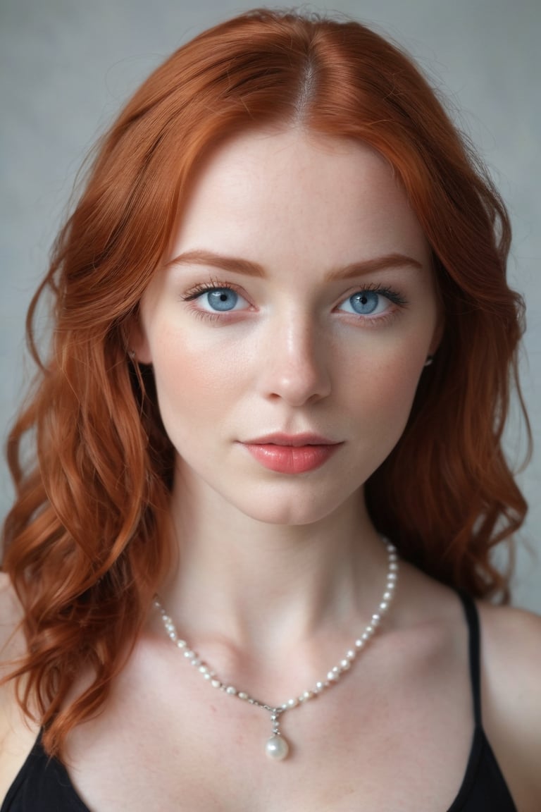 A ravishing redhead poses for an intimate close-up, eye-level shot. Her porcelain complexion and bright blue eyes are framed by long, wavy red locks parted in the middle. A black top, partially unbuttoned, reveals her pale skin beneath, accentuated by a necklace of three pearls. Her gaze meets the camera, mouth slightly ajar, showcasing pearly whites. Against a blurred white backdrop, this fair beauty's vibrant features pop against the stark contrast.