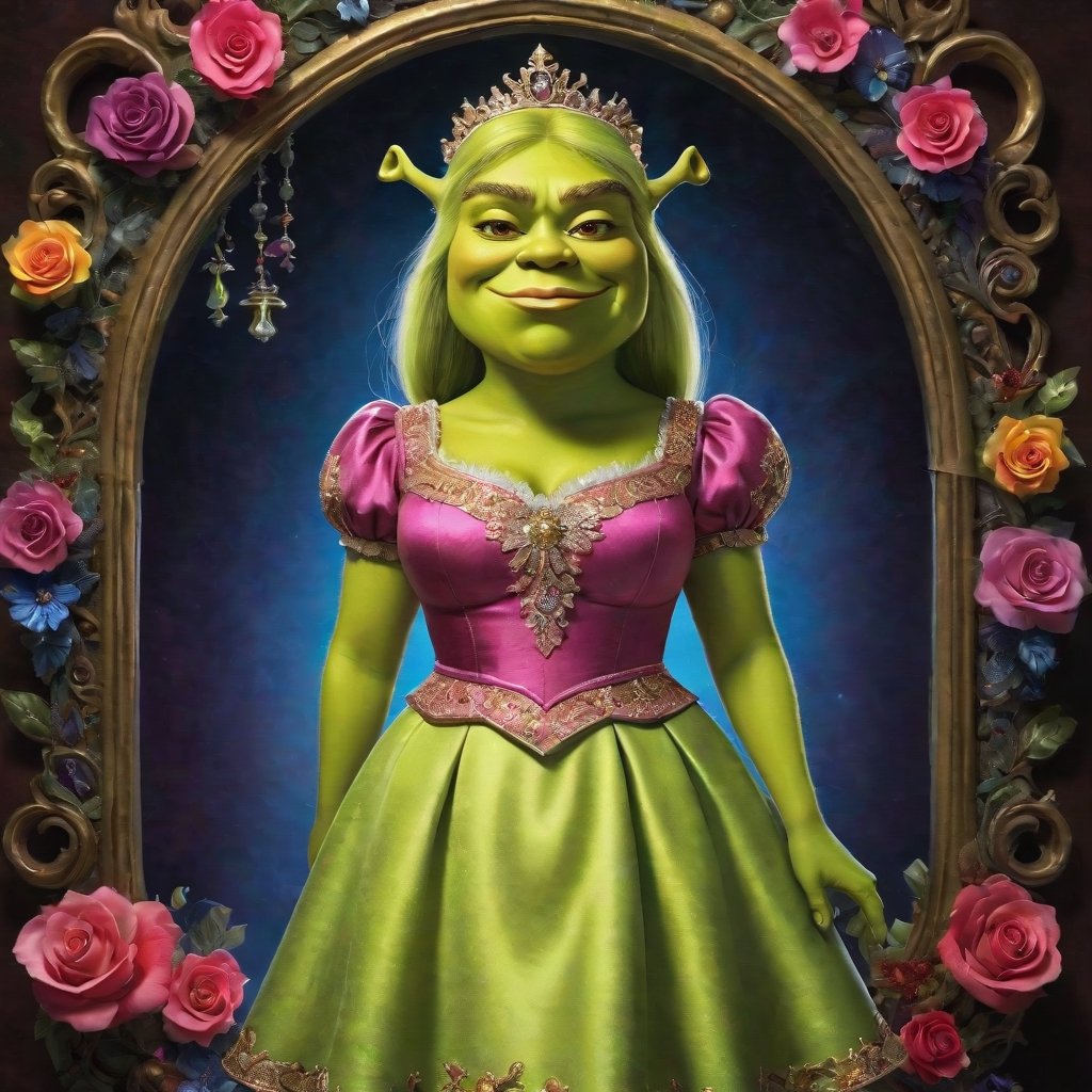  This artwork is a detailed, fantasy-based illustration featuring Trump as Shrek. The portrait depicts a miniature version of Shrek wearing a realistic skirt and blouse with a pretty face. The background showcases an iridescent glow with claws and a high fashion theme. The character design incorporates elements such as meats, corsets, embroidery, and an intricate key pose. The lighting is clean and sultry, with shadows and vivid flowers enhancing the overall visual appeal. Rich, vivid colors add depth and dimension to this concept artwork.