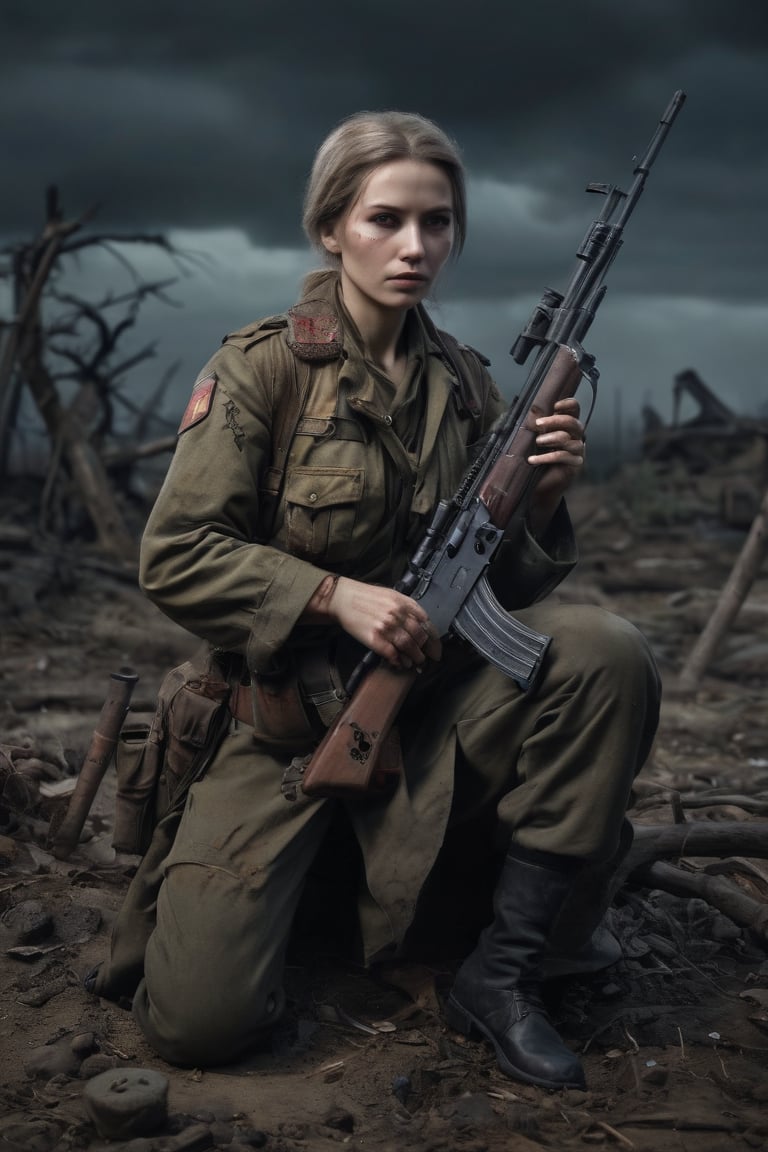 A dark, mystical aura surrounds Soviet sniper Lyudmila Pavlichenko as she crouches atop a ruined WW2 battlefield, her eyes glowing with an otherworldly connection to Lady Death. Donning Soviet sniper attire, she holds a rifle adorned with enchanted bullets and demonic tattoos. Her spectral aura radiates an intense determination, fueled by vengeful fury against the Nazi regime.

Composition: Lyudmila's figure dominates the frame, with the ruined battlefield serving as a haunting backdrop. The lighting is dim, with only a hint of moonlight illuminating her mystical abilities. The overall aesthetic is dark and foreboding, reflecting the harsh realities of war.

Keywords: Photorealistic Images, Character Mix, Alternate WW2 Setting, Supernatural Powers, Dark Aesthetics, Soviet Sniper Attire, Enchanted Bullets, Demonic Tattoos, Spectral Aura, Lady Death Comic Series Inspirations, WW2 Battlefield, Supernatural Forces, Nazi Regime, Dark Mystical Allies, Fierce Determination, Tactical Prowess, Vengeful Demeanor, Unwavering Commitment.