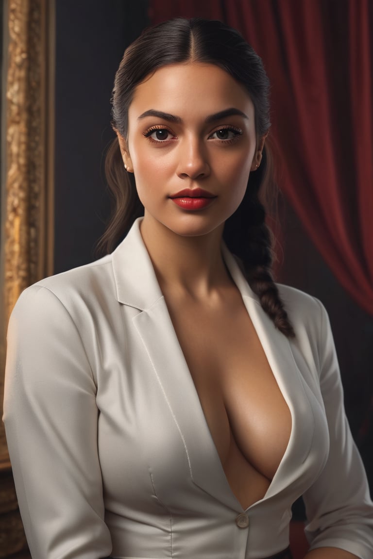 Alexandria Ocasio-Cortez posing confidently in a photorealistic, glamour pinup fanservice-inspired studio setting, reminiscent of Annie Leibovitz and David LaChapelle's work. Against a sleek black background, she stands at eye level, her full body angled for maximum impact. Soft studio lighting accentuates her features, while a subtle blend of colors creates an air of sophistication. Her gaze is direct, inviting the viewer to engage with her message. High-resolution details and ultra-detailed rendering bring this masterpiece to life. Keywords: Masterpiece, by oprisco, rutkowski, by marat safin.