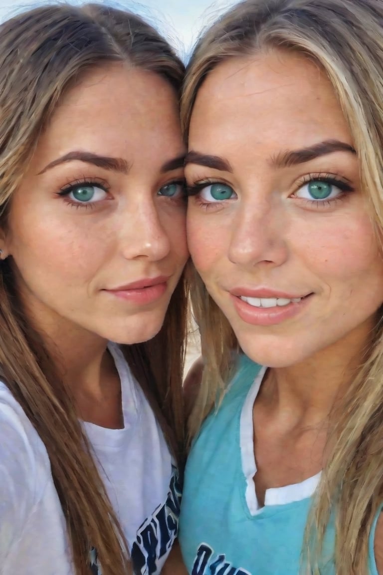 'a couple of women standing next to each other, sexy girl with green eyes, in love selfie, sky blue eyes, high school, tongue, palm springs, long eyelashes, isabella, lacrosse player, loving embrace, f/15, her friend, aniston, highlights, friendly, with a white, mutud colors, black circle, kids, front page