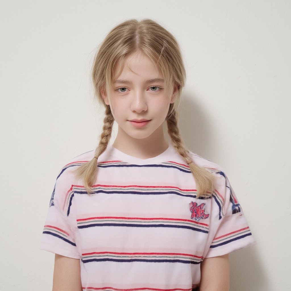 A serene portrait of a blonde-haired young girl with light skin tone, posing in front of a plain white wall. Her messy braids frame her face, and her soft green eyes are half-lidded, hinting at a subtle smile. She wears a striped T-shirt, adding a playful touch to her natural makeup look. The gentle lighting casts even shadows, emphasizing her features without harshness.
The image is a high-resolution photograph of a young girl with a light skin tone and blonde hair styled in two braids. Her hair is slightly tousled, with a few strands framing her face. She has a natural, neutral makeup look with a hint of pink on her lips and a light blush on her cheeks. Her eyes are a soft, light green, and she has a slight, closed-lip smile. She is wearing a short-sleeved T-shirt with horizontal stripes in red, white, and blue, which adds a touch of casual, playful style to her appearance. The background is a plain, light-colored wall, which keeps the focus entirely on the girl. The lighting is soft and even, casting gentle shadows and highlighting her features without harshness. The overall mood of the image is serene and youthful, capturing a moment of quiet contemplation or perhaps a candid, everyday moment.