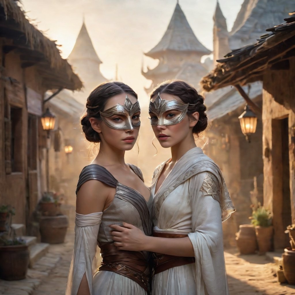 An ethereal, beautiful sorceress played by Rey Anders and Anya Taylor, donning an intricate mask, strikes a glamour pose in an elaborate, serene village on the last day of Ataly. The scene is drawn by Andrei W Guangj Maximenko with intricate details and highly realistic lighting, revealing a serene yet mystical atmosphere that captures her winning photorealistic essence.