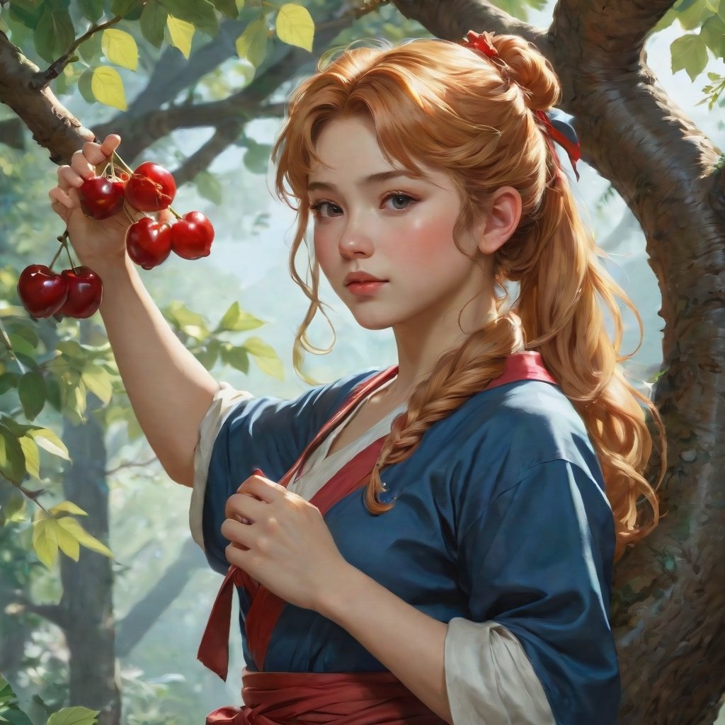  Cute girl gathering cherries on a tree, very long hair, reddish blonde, perfect body, cute face, curvy , insanely detailed art, Renoir Sorolla Degas manet, 8k resolution, lusciously drawn, soft render, ray tracing, unreal engine 5, illustration, by Beeple, WLOP, J. C. Leyendecker stalenhag, Mucha Katsuhiro Otomo by Ruan Jia and Mandy Jurgens and Artgerm and William-Adolphe Bouguereau, featured on artstation, anime style, 4k, in focus, details, hyper realistic,2d rays, cinematic composition, majestic light, 8k resolution, masterpiece, high resolution, award, epic scenery, dark fantasy environment, dnd character Scrolls squats, official studio and professional visual novel cover, fan deviantart Studio,at studio and professional video, by James wain and by Roger Dean and by Ross Tran and by Peter miyakoAnki