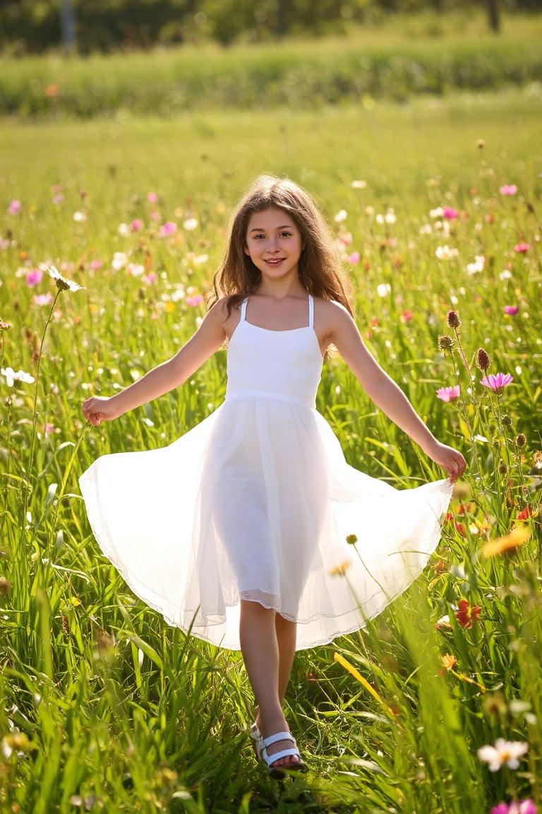 A young girl's dreamy dance in a sun-kissed meadow, surrounded by vibrant wildflowers, wears a flowing white dress, beaming with a bright and charming smile, as warm rays of sunlight filter through lush green blades, casting a soft glow on the serene scene, reminiscent of Renoir or Morisot's Impressionist masterpieces.