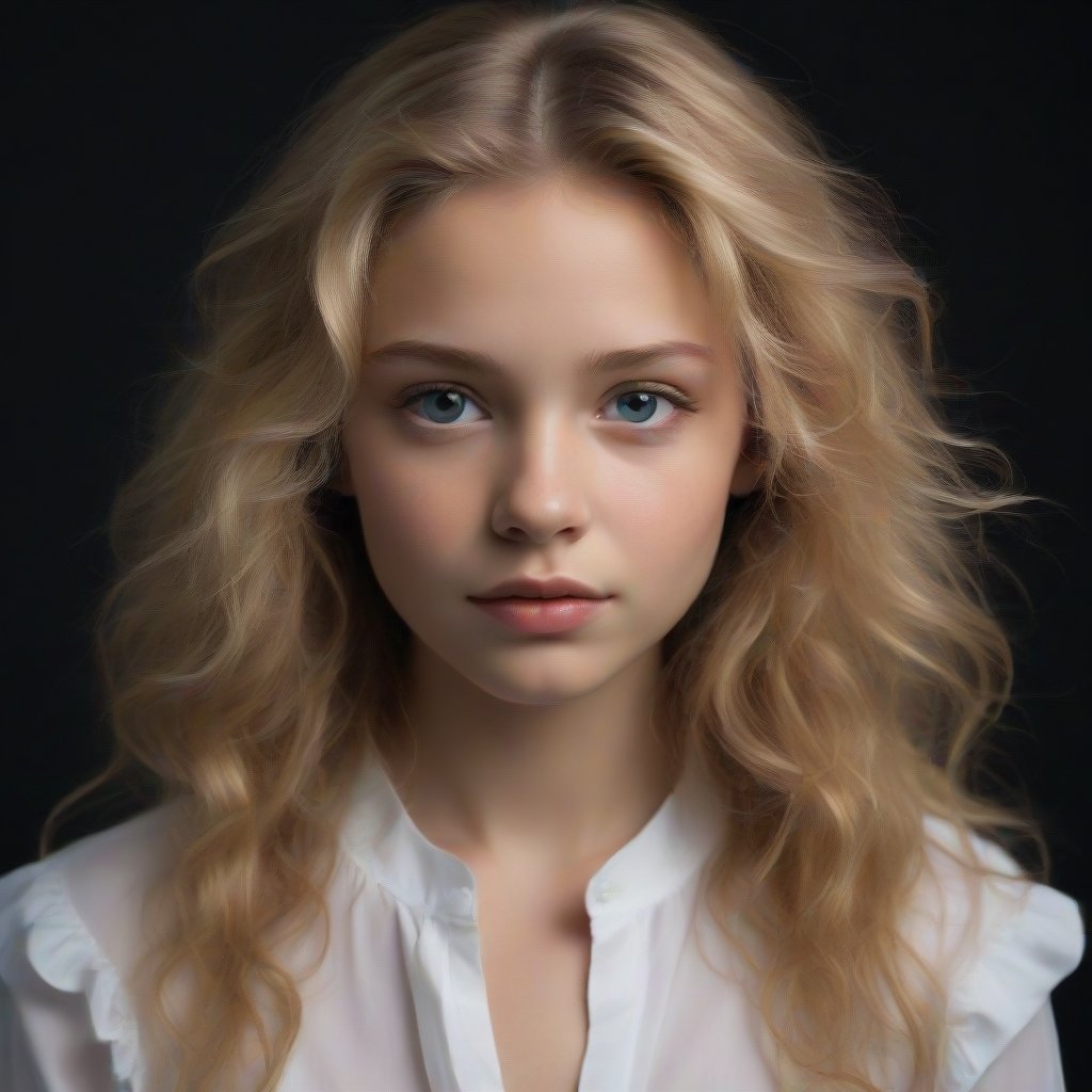 The image is a portrait of a young girl with long blonde hair. She is looking directly at the camera with a serious expression on her face. Her hair is styled in loose waves and falls over her shoulders. She has a slight smile on her lips and her eyes are a piercing blue. The background is black, making the girl the focal point of the image. She appears to be wearing a white blouse with a ruffled neckline. The lighting is soft and natural, highlighting her features,Supersex