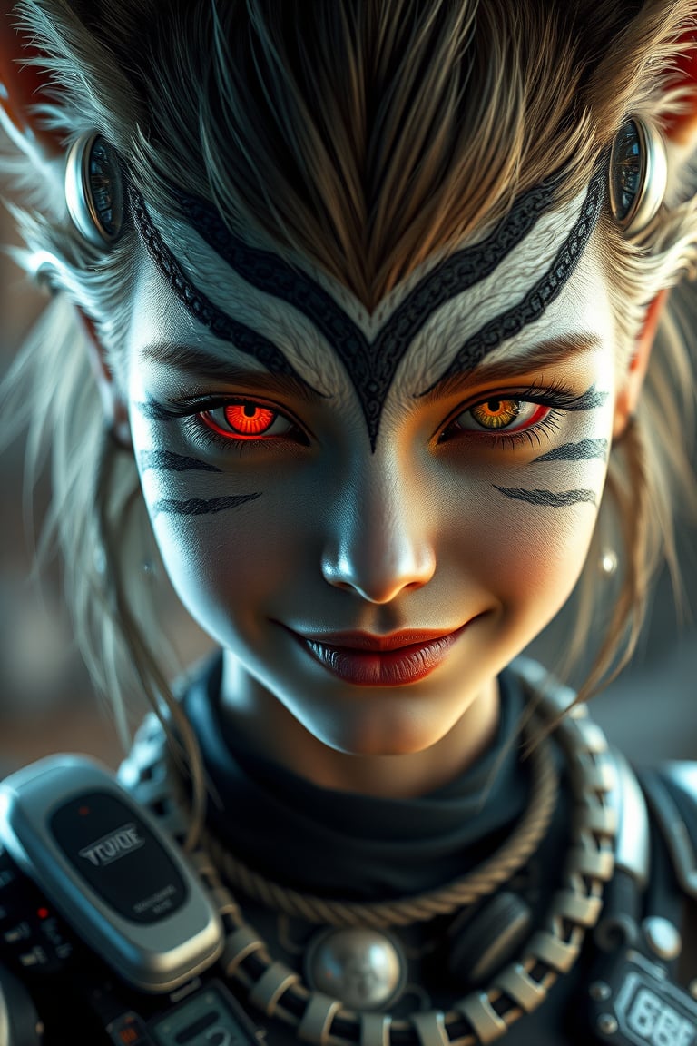 Mad Max furries and cyborg. intricate abstract, ultra intricately detailed 3D render, global illumination, by Beksinski's Ilya Prima's striped eyes with kind smile her hair, rembrandt, style from Anime series CGSociety,hyper realistic, 4k HDR, octane render, photographic, highajic, very stylish young James Audrey as Ayanamiyareenshotatalieocalyptic after 