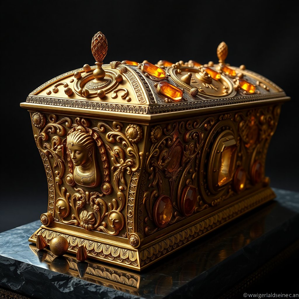 Photorealistic image of a gold sarcophagus with intricate details, 1024*1024, rose cut citrines and willow-shaped decorations, octagon cut citrines and cushion diorite cabochons, spikes of diorite, foreboding atmosphere.