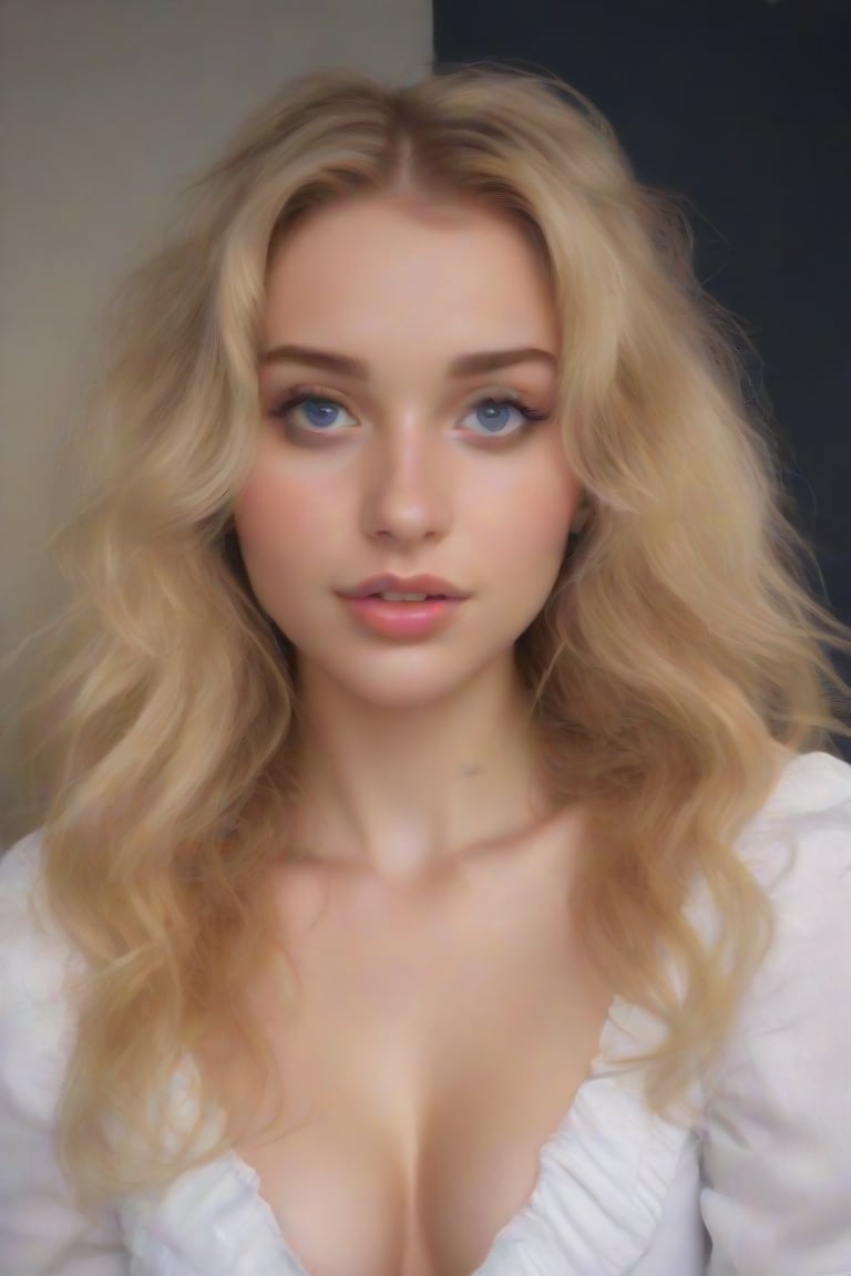 The image is a portrait of a young girl with long blonde hair. She is looking directly at the camera with a serious expression on her face. Her hair is styled in loose waves and falls over her shoulders. She has a slight smile on her lips and her eyes are a piercing blue. The background is black, making the girl the focal point of the image. She appears to be wearing a white blouse with a ruffled neckline. The lighting is soft and natural, highlighting her features,Supersex