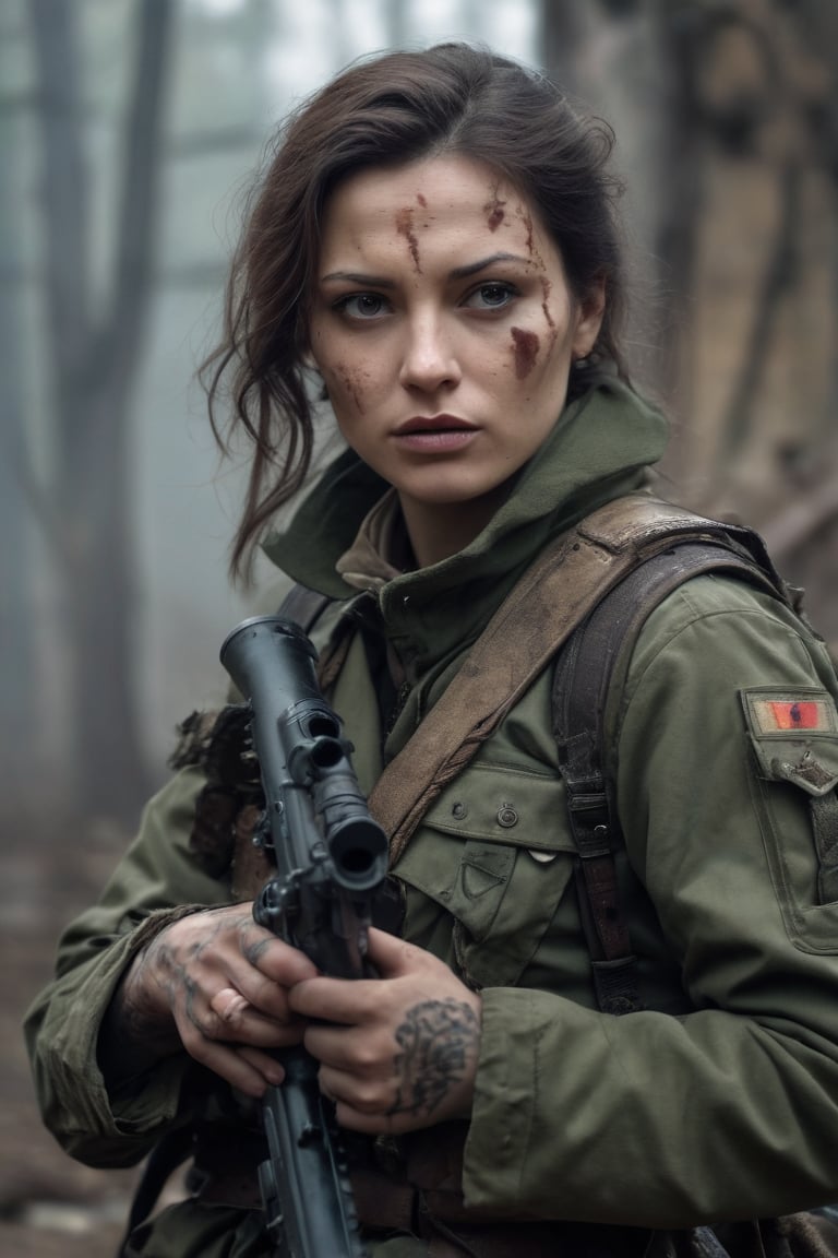 In a dark, alternate World War II setting, a supernatural-infused version of Lyudmila Pavlichenko, dressed in Soviet sniper attire, stands amidst the ruins of a WW2 battlefield. Her demonic tattoos glow with an otherworldly energy as she peers through her rifle's scope, her spectral aura radiating an air of fierce determination. Enchanted bullets loaded into her weapon, she prepares to take down Axis forces. The Nazi regime's dark mystical allies seem no match for her tactical prowess and unwavering commitment to vengeance. A spectral entity looms in the distance, its presence amplified by Lady Death's connection to Pavlichenko.