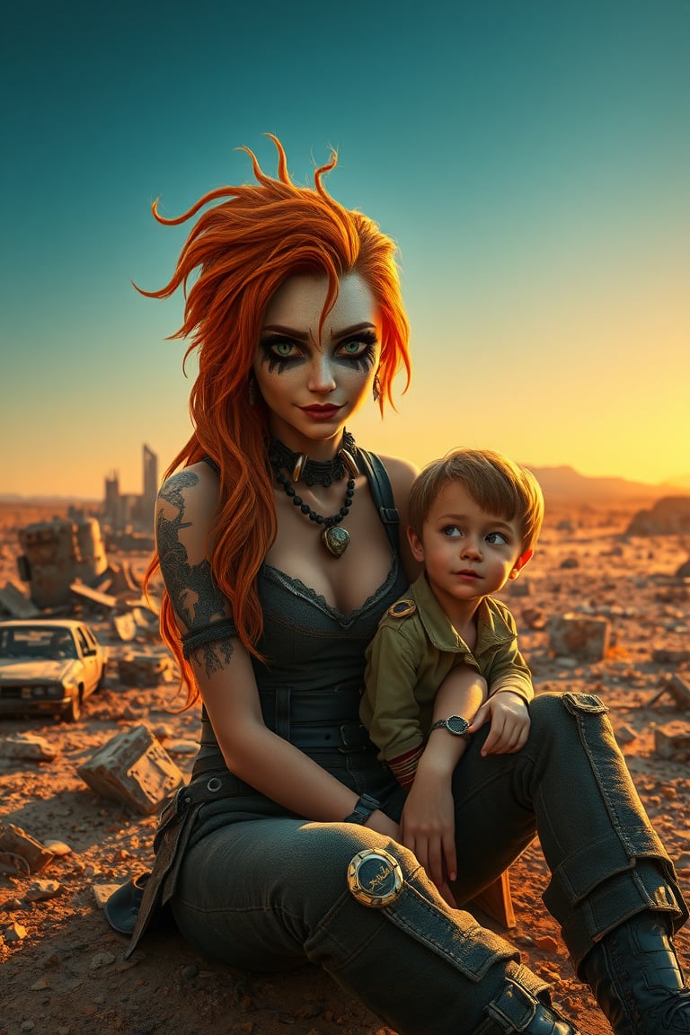 In a post-apocalyptic wasteland, Mad Max's Ayanamiya, sporting Ilya Prima-inspired striped eyes with a kind smile, sits amidst a backdrop of ruins. Her hair, reminiscent of Rembrandt's brushstrokes, cascades down her back like a fiery halo. Young James Audrey, donning stylish attire, stands beside her, his gaze fixed on Ayanamiya's enigmatic expression. The scene is set against a gradient of blues and oranges, with global illumination casting an otherworldly glow. Octane render brings forth hyper-realistic textures, as if the image has been plucked straight from a 4K HDR film. In this cinematic tableau, the juxtaposition of Ayanamiya's serene beauty and the desolate landscape creates a thought-provoking commentary on hope amidst chaos.