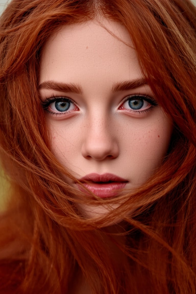 Close-up portrait of a young woman with red hair, 1400*1000, Irish genes, hair blown by the wind, marvelous eyes, freckled skin, inspired by Mary Elizabeth Price, red-toned mist, photorealistic, HDR photograph, ancient Irish atmosphere, unusually unique beauty, shot with Canon 5D Mark II, reminiscent of Tom Chambers and Jinsung Lim's photography style.