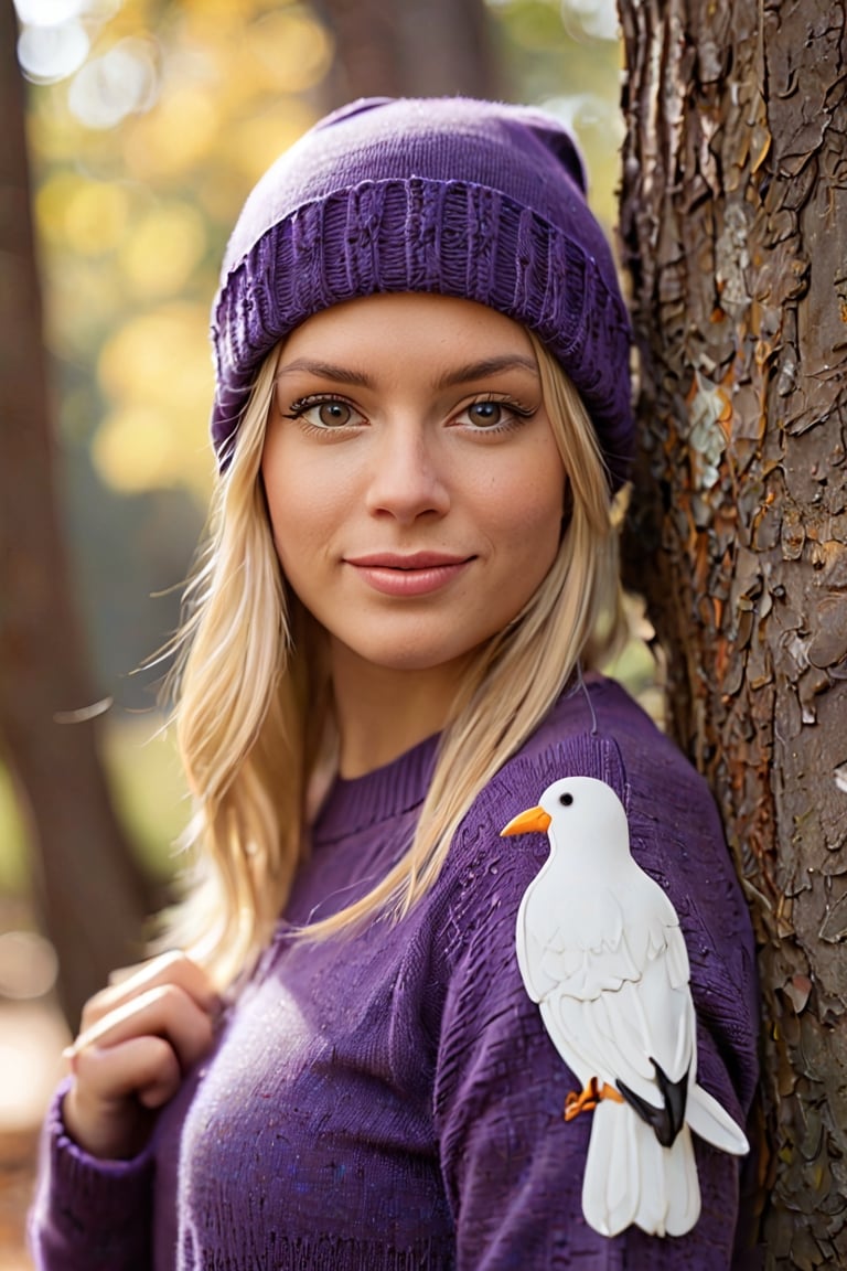  a young woman in a striking pose against a tree. Her blonde hair cascades down her shoulders, framing her face with a gentle smile. She is dressed in a purple sweater adorned with a white bird design, adding a pop of color to the scene. The gray beanie she wears complements her outfit, and her gaze is directed straight at the camera, creating a sense of connection with the viewer. The tree behind her is a sturdy brown trunk, providing a natural backdrop to this candid moment. The lighting is soft and diffused, casting a warm glow on the subject and enhancing the overall mood of the image. The image is a harmonious blend of color, emotion, and composition, capturing a moment of tranquility and beauty