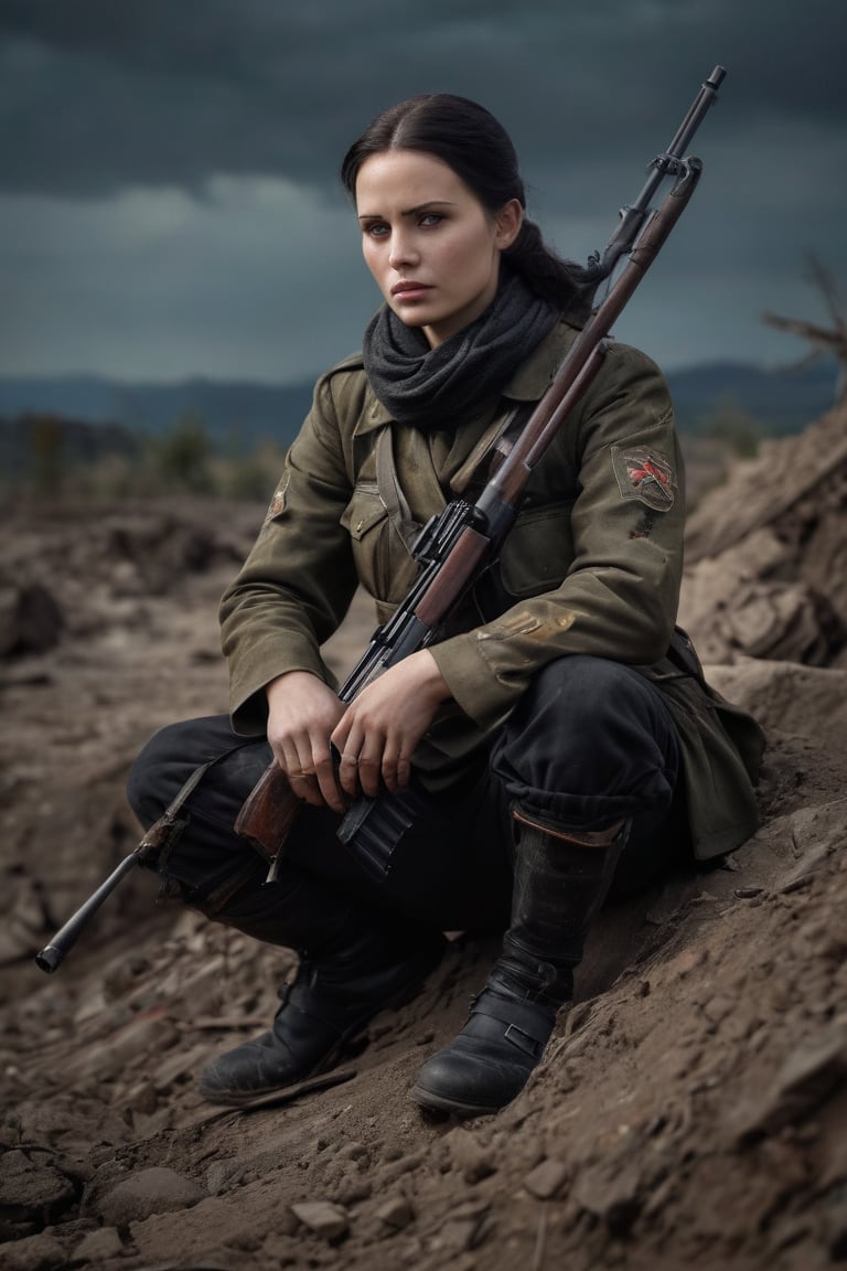 A dark, mystical aura surrounds Soviet sniper Lyudmila Pavlichenko as she crouches atop a ruined WW2 battlefield, her eyes glowing with an otherworldly connection to Lady Death. Donning Soviet sniper attire, she holds a rifle adorned with enchanted bullets and demonic tattoos. Her spectral aura radiates an intense determination, fueled by vengeful fury against the Nazi regime.

Composition: Lyudmila's figure dominates the frame, with the ruined battlefield serving as a haunting backdrop. The lighting is dim, with only a hint of moonlight illuminating her mystical abilities. The overall aesthetic is dark and foreboding, reflecting the harsh realities of war.

Keywords: Photorealistic Images, Character Mix, Alternate WW2 Setting, Supernatural Powers, Dark Aesthetics, Soviet Sniper Attire, Enchanted Bullets, Demonic Tattoos, Spectral Aura, Lady Death Comic Series Inspirations, WW2 Battlefield, Supernatural Forces, Nazi Regime, Dark Mystical Allies, Fierce Determination, Tactical Prowess, Vengeful Demeanor, Unwavering Commitment.