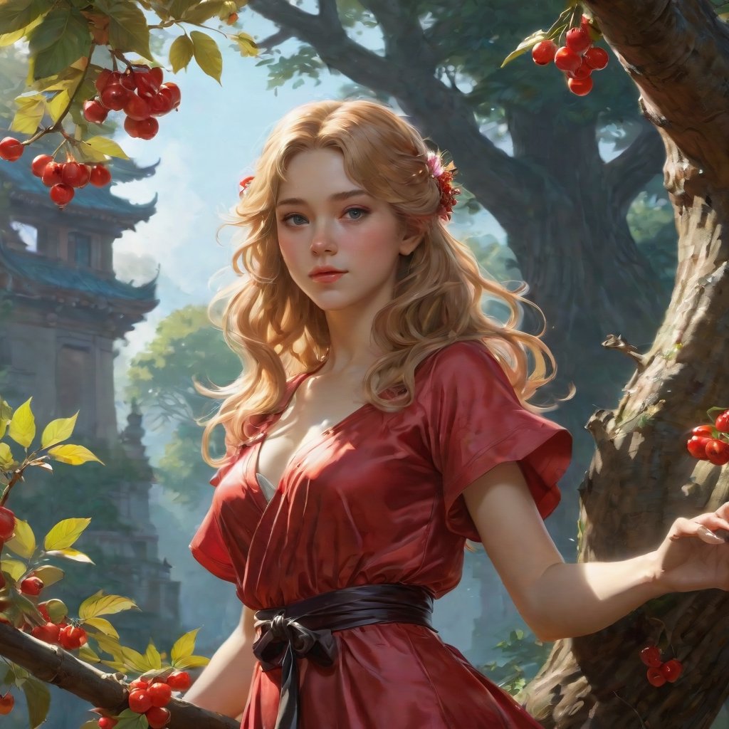 Prompt:  Cute girl gathering cherries on a tree, very long hair, reddish blonde, perfect body, cute face, curvy , insanely detailed art, Renoir Sorolla Degas manet, 8k resolution, lusciously drawn, soft render, ray tracing, unreal engine 5, illustration, by Beeple, WLOP, J. C. Leyendecker stalenhag, Mucha Katsuhiro Otomo by Ruan Jia and Mandy Jurgens and Artgerm and William-Adolphe Bouguereau, featured on artstation, anime style, 4k, in focus, details, hyper realistic,2d rays, cinematic composition, majestic light, 8k resolution, masterpiece, high resolution, award, epic scenery, dark fantasy environment, dnd character Scrolls squats, official studio and professional visual novel cover, fan deviantart Studio,at studio and professional video, by James wain and by Roger Dean and by Ross Tran and by Peter miyakoAnki