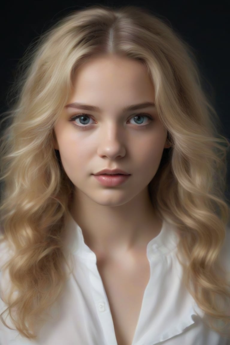 The image is a portrait of a young girl with long blonde hair. She is looking directly at the camera with a serious expression on her face. Her hair is styled in loose waves and falls over her shoulders. She has a slight smile on her lips and her eyes are a piercing blue. The background is black, making the girl the focal point of the image. She appears to be wearing a white blouse with a ruffled neckline. The lighting is soft and natural, highlighting her features,Supersex