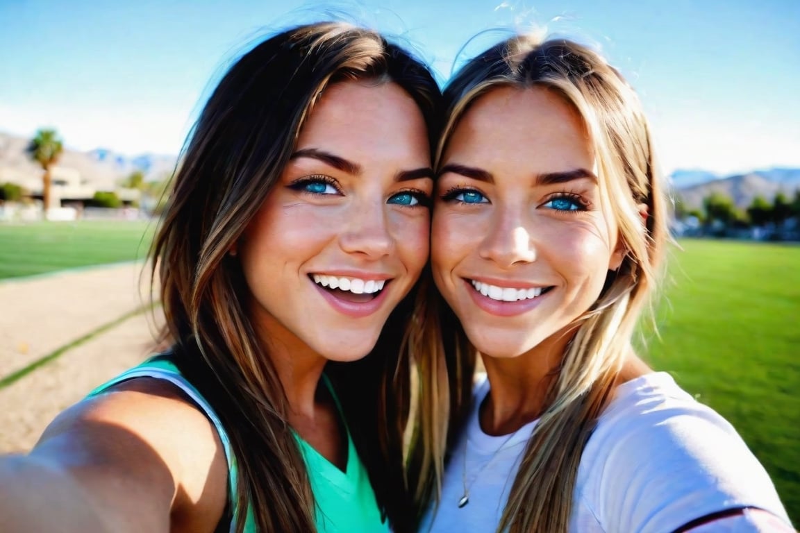 'a couple of women standing next to each other, sexy girl with green eyes, in love selfie, sky blue eyes, high school, tongue, palm springs, long eyelashes, isabella, lacrosse player, loving embrace, f/15, her friend, aniston, highlights, friendly, with a white, mutud colors, black circle, kids, front page