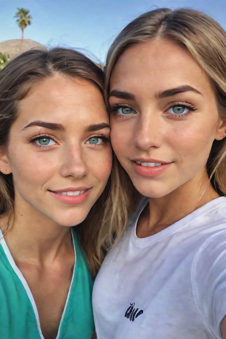 'a couple of women standing next to each other, sexy girl with green eyes, in love selfie, sky blue eyes, high school, tongue, palm springs, long eyelashes, isabella, lacrosse player, loving embrace, f/15, her friend, aniston, highlights, friendly, with a white, mutud colors, black circle, kids, front page