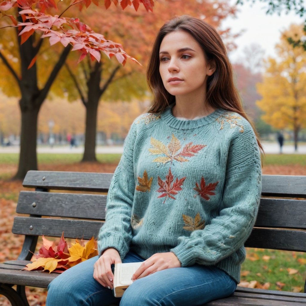 Beautiful woman, contemplative and reflective, sitting on a bench, cozy sweater, autumn park with colorful leaves, soft overcast light, muted color photography style, 4K quality.