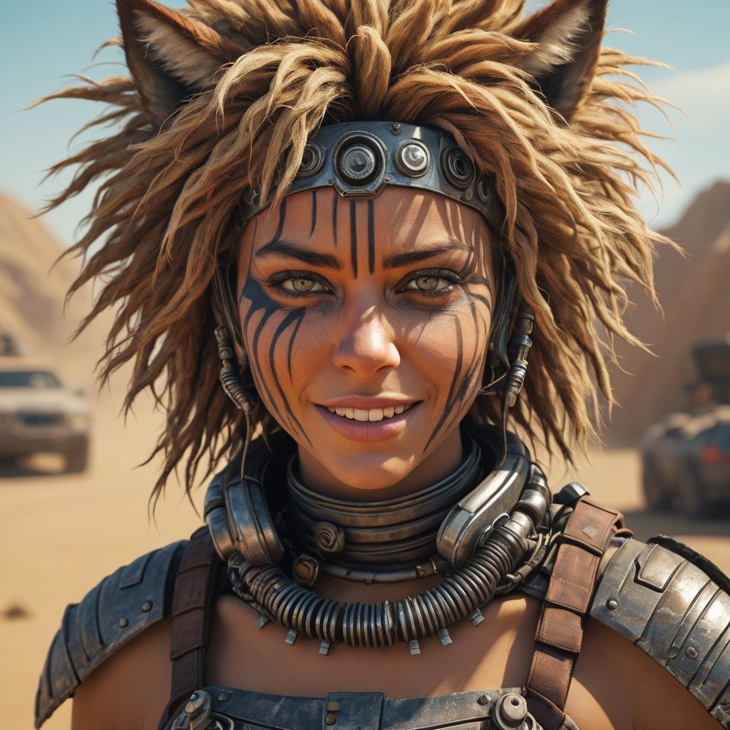 Mad Max furries and cyborg. intricate abstract, ultra intricately detailed 3D render, global illumination, by Beksinski's Ilya Prima's striped eyes with kind smile her hair, rembrandt, style from Anime series CGSociety,hyper realistic, 4k HDR, ,1girl