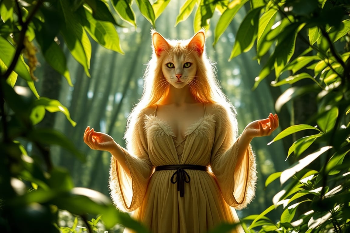 A lifelike catgirl hybrid stands amidst the serene forest's depths, her radiant aura drawing attention to her alluring presence. Framed by a canopy of lush greenery, she wears a flowing nature-inspired tunic that complements her fluffy fur, with subtle feline claws adorning her hands. Her eyes aglow with whimsy and mischief, she seems to be savoring the tranquility of her surroundings.