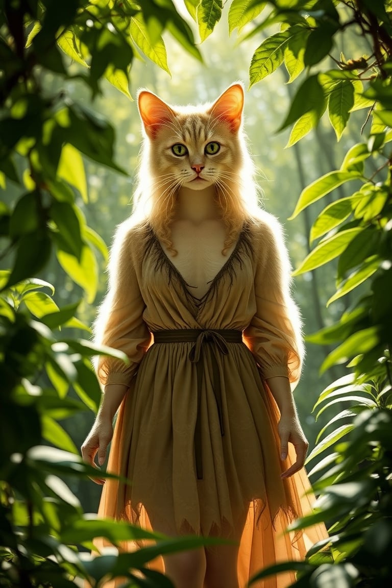 A lifelike catgirl hybrid stands amidst the serene forest's depths, her radiant aura drawing attention to her alluring presence. Framed by a canopy of lush greenery, she wears a flowing nature-inspired tunic that complements her fluffy fur, with subtle feline claws adorning her hands. Her eyes aglow with whimsy and mischief, she seems to be savoring the tranquility of her surroundings.