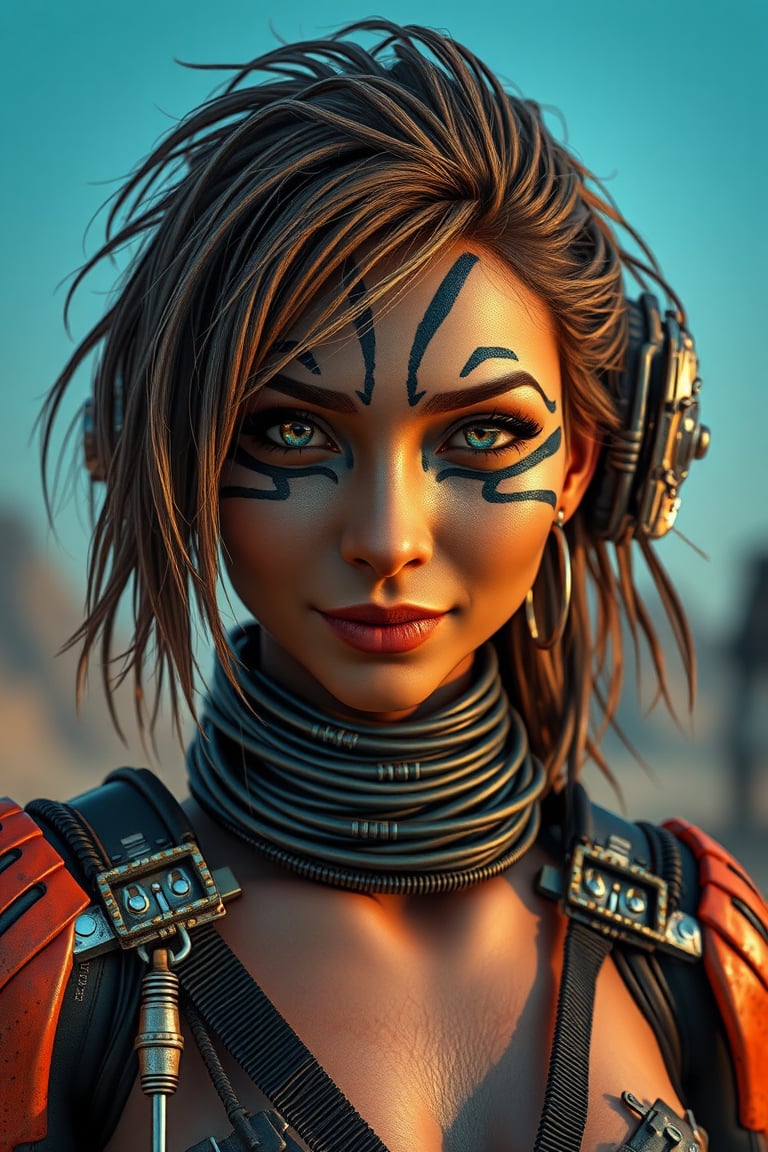 Mad Max furries and cyborg. intricate abstract, ultra intricately detailed 3D render, global illumination, by Beksinski's Ilya Prima's striped eyes with kind smile her hair, rembrandt, style from Anime series CGSociety,hyper realistic, 4k HDR, octane render, photographic, highajic, very stylish young James Audrey as Ayanamiyareenshotatalieocalyptic after 