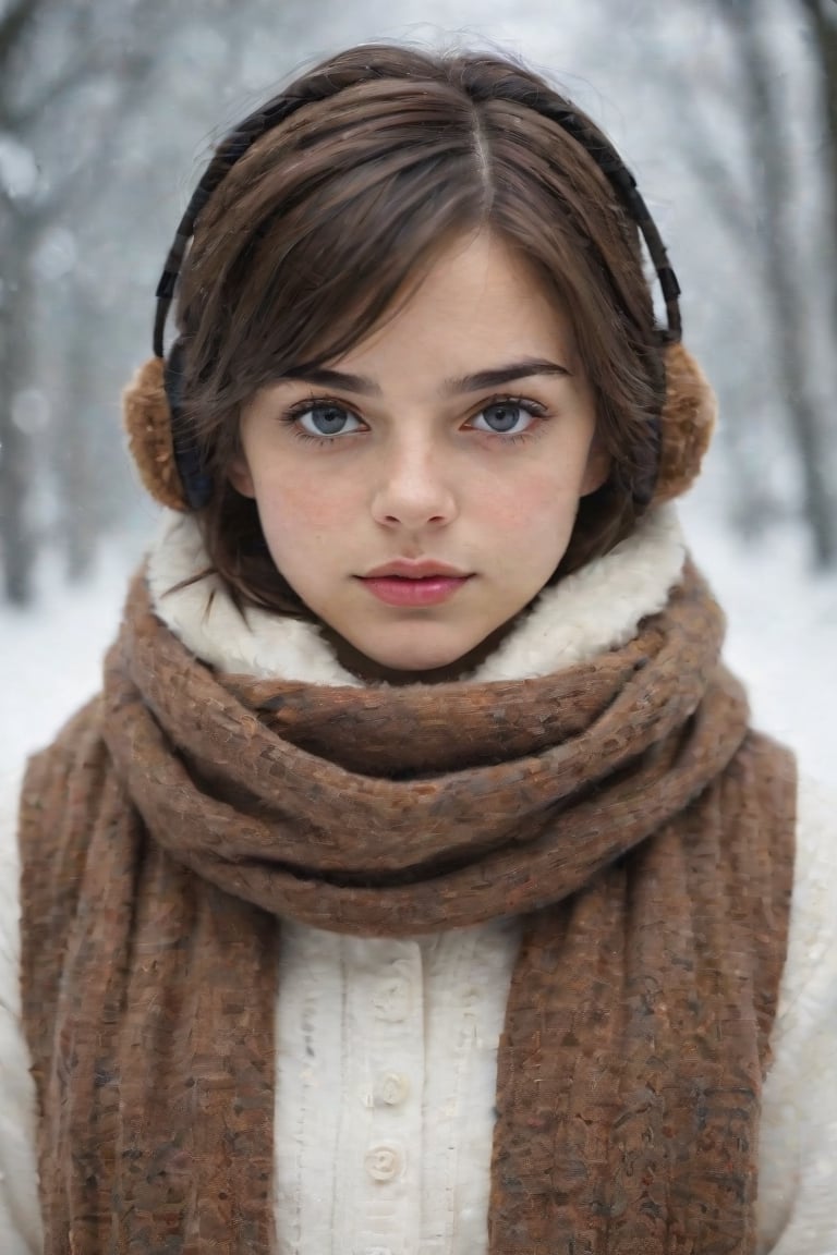 a close up of a person wearing a scarf and ear muffs, a picture, realism, fashion model, white skin color, teenager girl, portrait of arya stark, symmetric and beautiful face, with round face, girl with brown hair, fluffy''