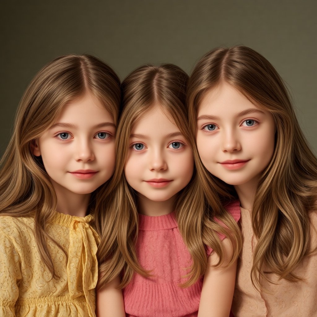 A heartwarming and sentimental portrait of three sisters, 1200*900, aged 7, 12, and 18, showcasing their growth and bond, photorealistic, warm colors, and soft lighting, capturing the innocence and beauty of sisterly love.