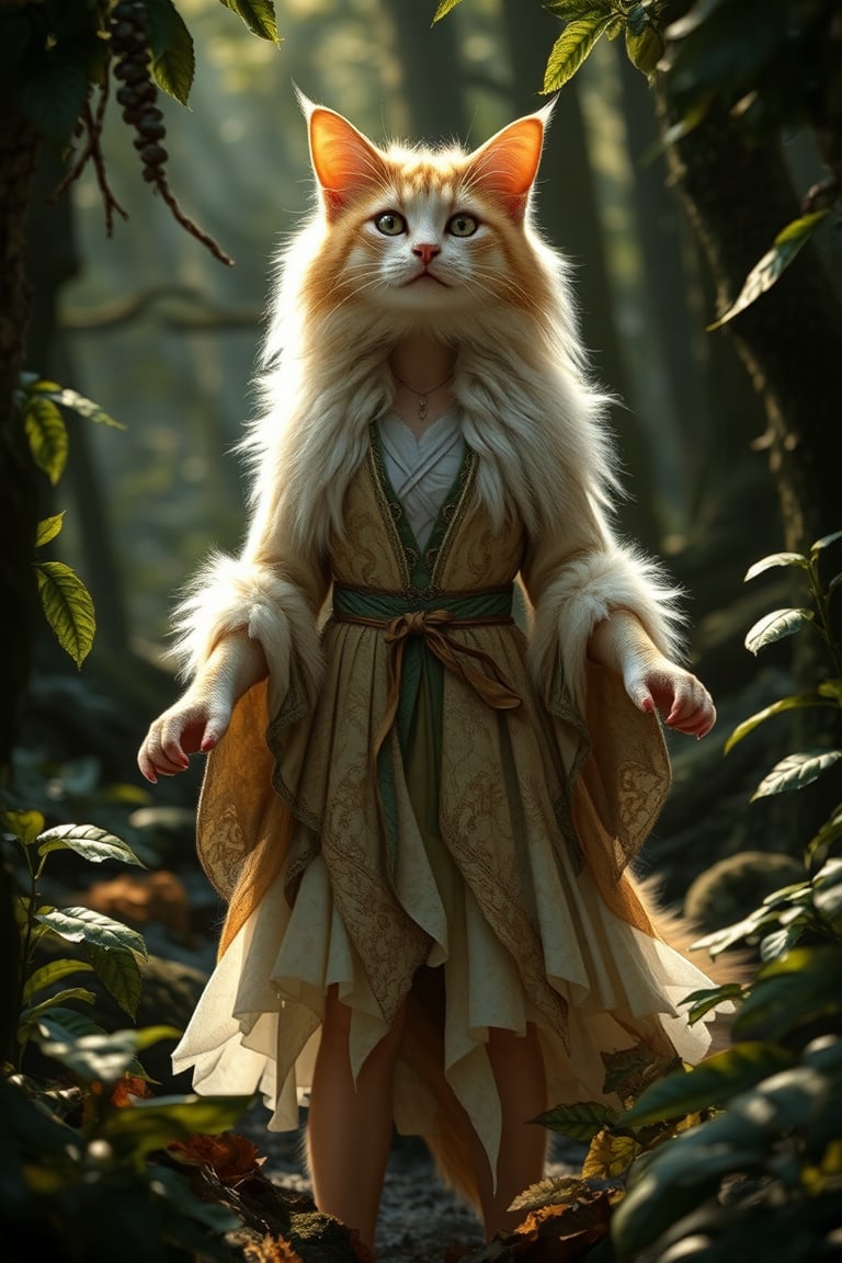 A lifelike catgirl hybrid, radiant with allure, gracefully stands amid a serene forest's depths. Her fluffy fur envelops a form adorned in a flowing nature-inspired tunic, eyes aglow with both whimsy and mischief. Subtle feline claws enhance her hands, while lush foliage and,anthro