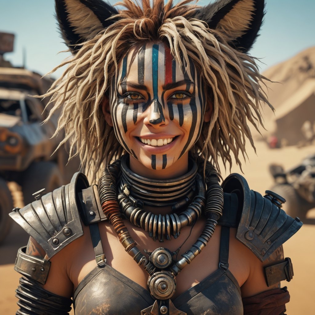 Mad Max furries and cyborg. intricate abstract, ultra intricately detailed 3D render, global illumination, by Beksinski's Ilya Prima's striped eyes with kind smile her hair, rembrandt, style from Anime series CGSociety,hyper realistic, 4k HDR, ,1girl