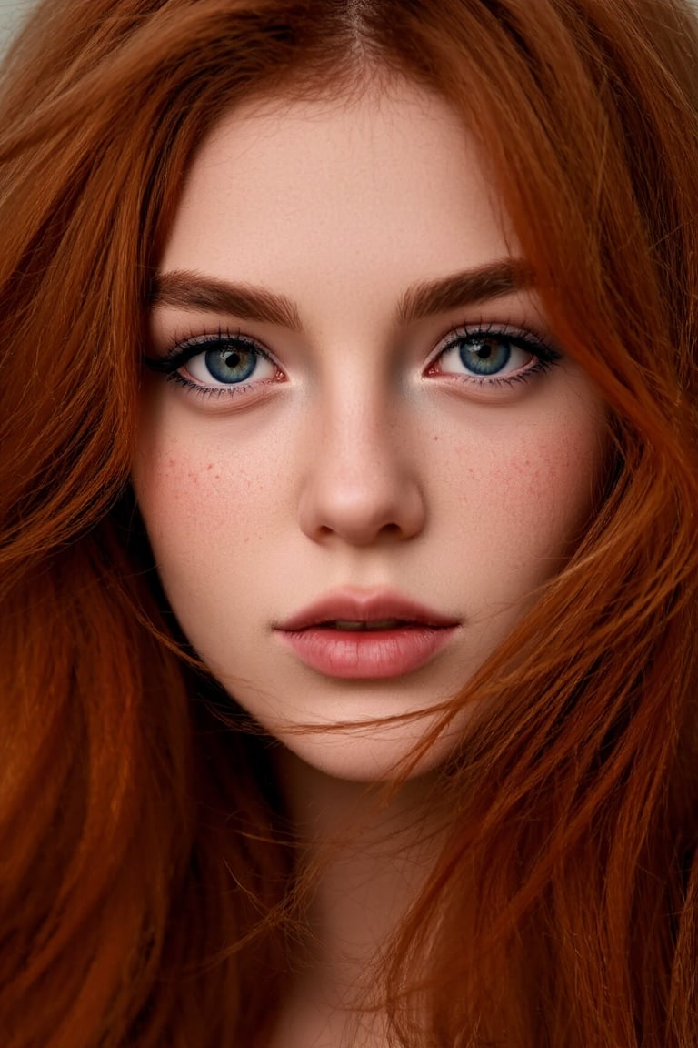 Close-up portrait of a young woman with red hair, 1400*1000, Irish genes, hair blown by the wind, marvelous eyes, freckled skin, inspired by Mary Elizabeth Price, red-toned mist, photorealistic, HDR photograph, ancient Irish atmosphere, unusually unique beauty, shot with Canon 5D Mark II, reminiscent of Tom Chambers and Jinsung Lim's photography style.