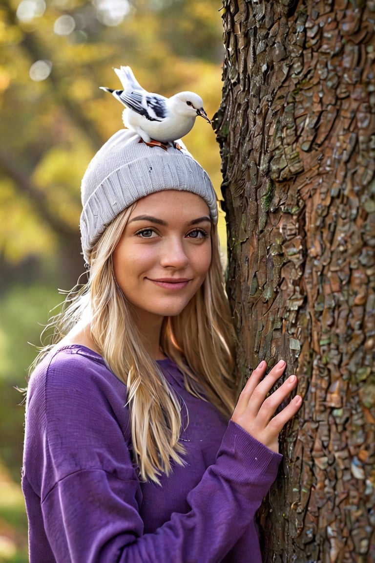  a young woman in a striking pose against a tree. Her blonde hair cascades down her shoulders, framing her face with a gentle smile. She is dressed in a purple sweater adorned with a white bird design, adding a pop of color to the scene. The gray beanie she wears complements her outfit, and her gaze is directed straight at the camera, creating a sense of connection with the viewer. The tree behind her is a sturdy brown trunk, providing a natural backdrop to this candid moment. The lighting is soft and diffused, casting a warm glow on the subject and enhancing the overall mood of the image. The image is a harmonious blend of color, emotion, and composition, capturing a moment of tranquility and beauty