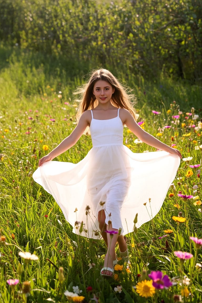 A young girl's dreamy dance in a sun-kissed meadow, surrounded by vibrant wildflowers, wears a flowing white dress, beaming with a bright and charming smile, as warm rays of sunlight filter through lush green blades, casting a soft glow on the serene scene, reminiscent of Renoir or Morisot's Impressionist masterpieces.