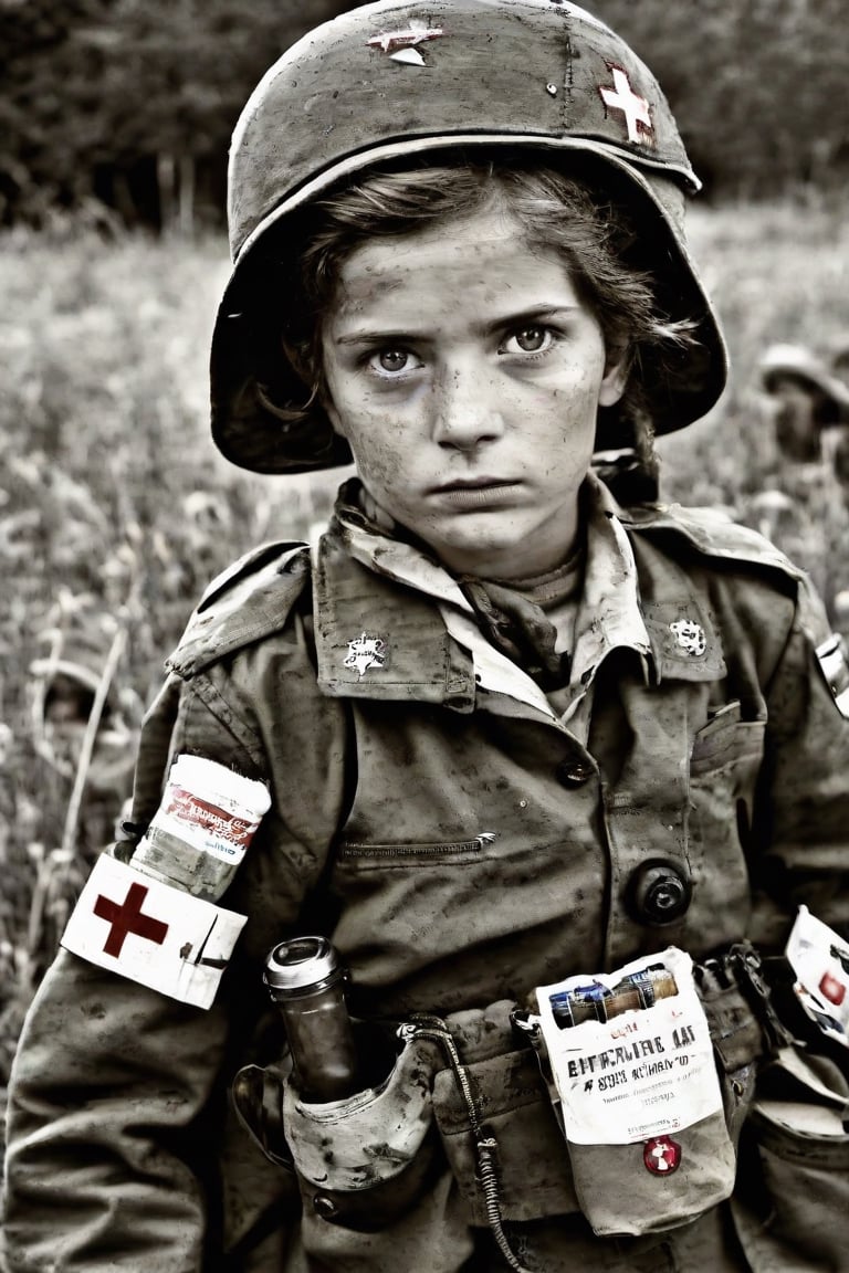 1girl, cute. A battle-hardened medic stands ready at a field station during a wartime mission, fully equipped with his med kit, bandages rolled tightly and syringes prepared. His unflinching eyes stare straight into the lens of the camera, conveying both the determination to save lives amidst the chaos of conflict and the empathy for those who have been wounded in combat. The medic's life is defined by two conflicting desires: a commitment to his fellow soldiers and a need to preserve their humanity in even the darkest times.