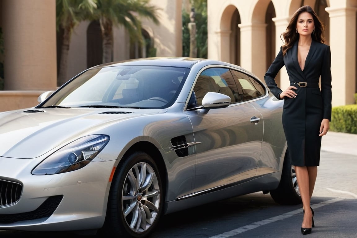 

An enticing advertisement featuring a stylish woman donning a stunning outfit, posing confidently with a sophisticated car, showcasing a luxurious lifestyle. The image incorporates a minimalist design, while highlighting the woman's elegance and the car's sleek lines. The advertising campaign aims to capture the attention of potential buyers and leave a lasting impression of the brand.