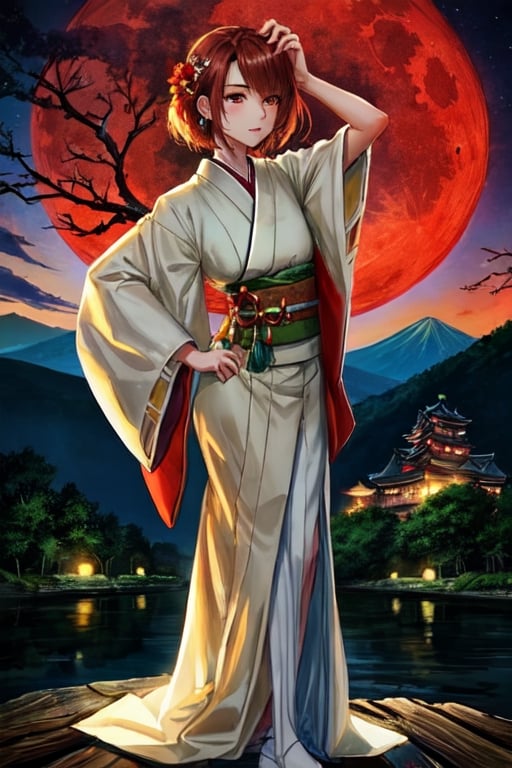 girl, japanese, dark red hair, looking side, ornament in hair, ancient jewlery, cinematic lighting, ethereal glow, photo realistic, vibrant colors, ancient japanese enviroment, castle, mountains, night, red moon, fantasy art, disney pixar style, ethereal glow, forest, best quality, masterpiece