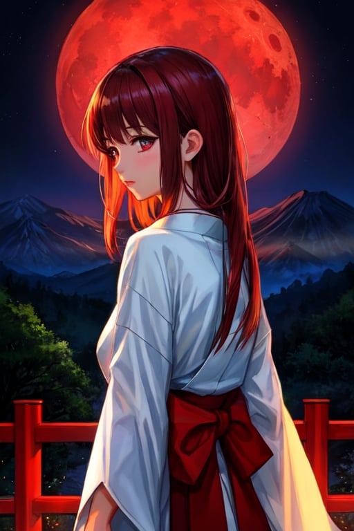 girl, japanese, dark red hair, looking side, ornament in hair, ancient jewlery, cinematic lighting, ethereal glow, photo realistic, vibrant colors, ancient japanese enviroment, castle, mountains, night, red moon, fantasy art, disney pixar style, ethereal glow, forest, best quality, masterpiece