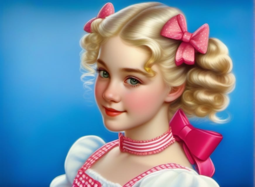 realistic, portrait of a young woman, two pigtails, ((volume blonde wave hair)), defined waves, medium hair worn in side pigtails with pink bows, analog film still, candy candy character, (girl with freckles), large green eyes, 19th century dress,  prairie background ,Extremely Realistic