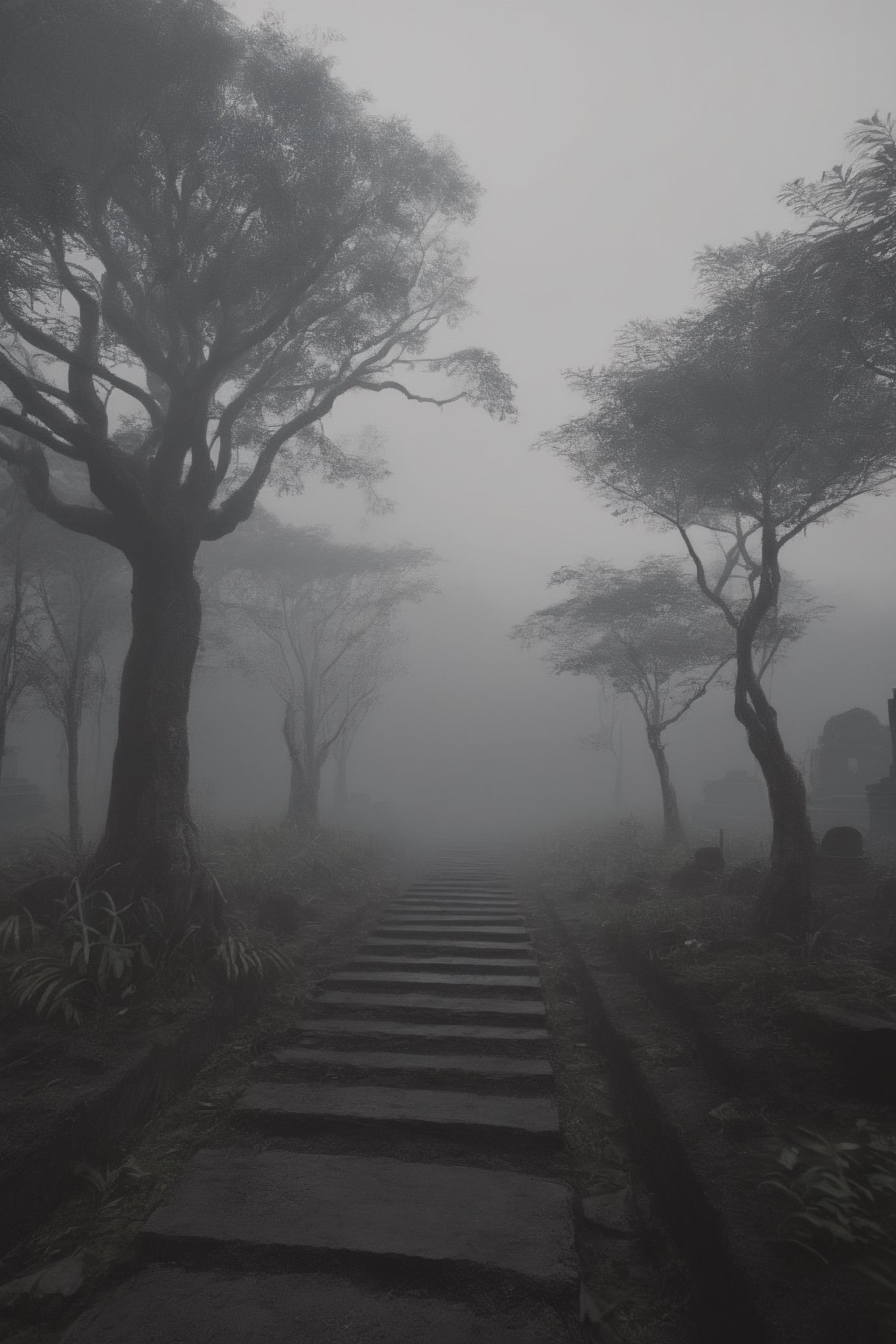 ILLUSTRATE THE ATMOSPHERE IN THE INDONESIAN BURIAL GROUND, foggy, detailmaster2, intricate detail, best quality, cinematic, black and gray gradient, foggy, realistic, 8k, unreal machine, cinematic