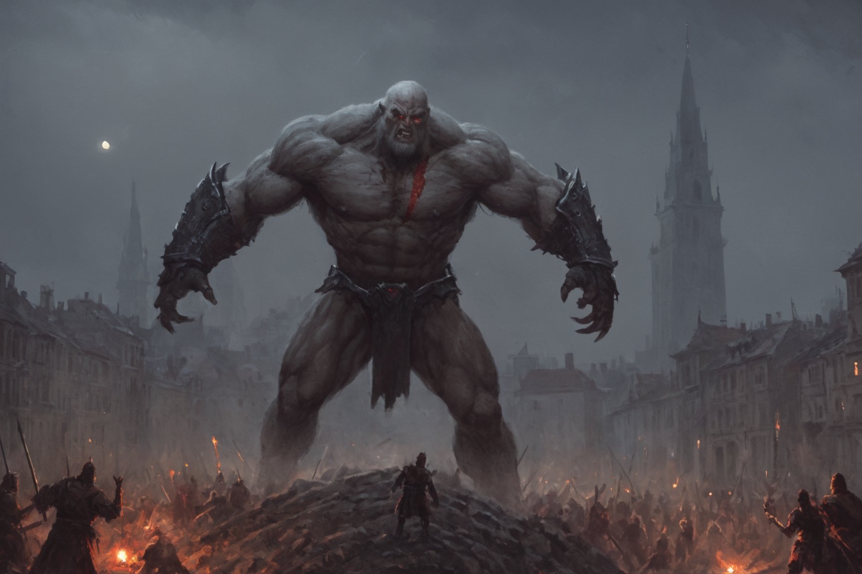  create a giant titan trampling on the people in old city, middle age times, Huge Humanoid bode, oversized hands, wearin heavy armor, enraged on humanity, sharp deformed face.photo takem from human perspective. background of old city, blood moon. dramatic lighting, sharp focus.,monster,more detail XL,painting by jakub rozalski