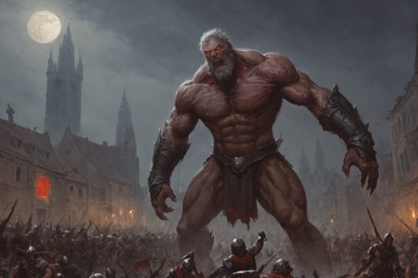  create a giant titan trampling on the people in old city, middle age times, Huge Humanoid bode, oversized hands, wearin heavy armor, enraged on humanity, sharp deformed face.photo takem from human perspective. background of old city, blood moon. dramatic lighting, sharp focus.,monster,more detail XL,painting by jakub rozalski