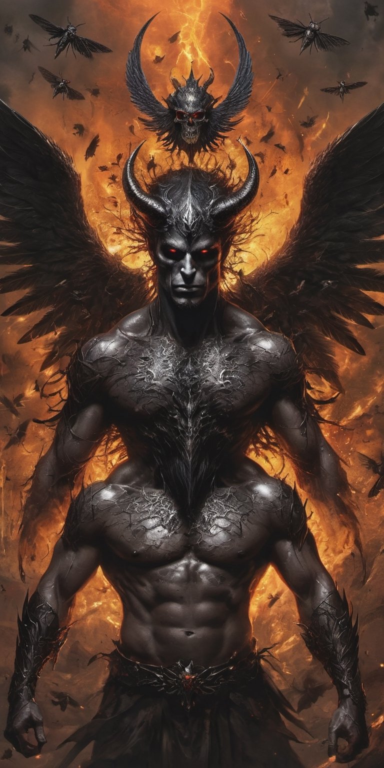 Create a realistic photo of Prince of hell Baal-Zebul, is the Fallen Angel of flies, pestilence and famine. He is one of the Seven Princes of Hell and the leader of the powers of the air. Originally a Seraphim, he is currently one of the supreme leaders of Hell. Beelzebub most often appears as a massive fly of unknown species with human-like skulls tattooed on his wings and a crown on top of his head. But being a demon, he has the ability to choose a different form. In his human form, he is covered in black aura and is surrounded by flies. .Sharp focus, high detailed ,background of hell.,,more detail XL