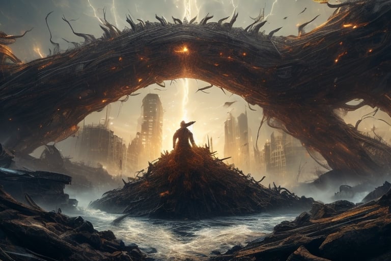  create a giant behemoth destroying old city, middle age times, elephant head, humanoid body,powerful humans-eating, river-dwelling beast with bones likened to bronze pipes and limbs likened to iron bars, photo takem from human perspective. background of destroyed city, dramatic lighting, sharp focusxyzabcplanets,Nature,FFIXBG