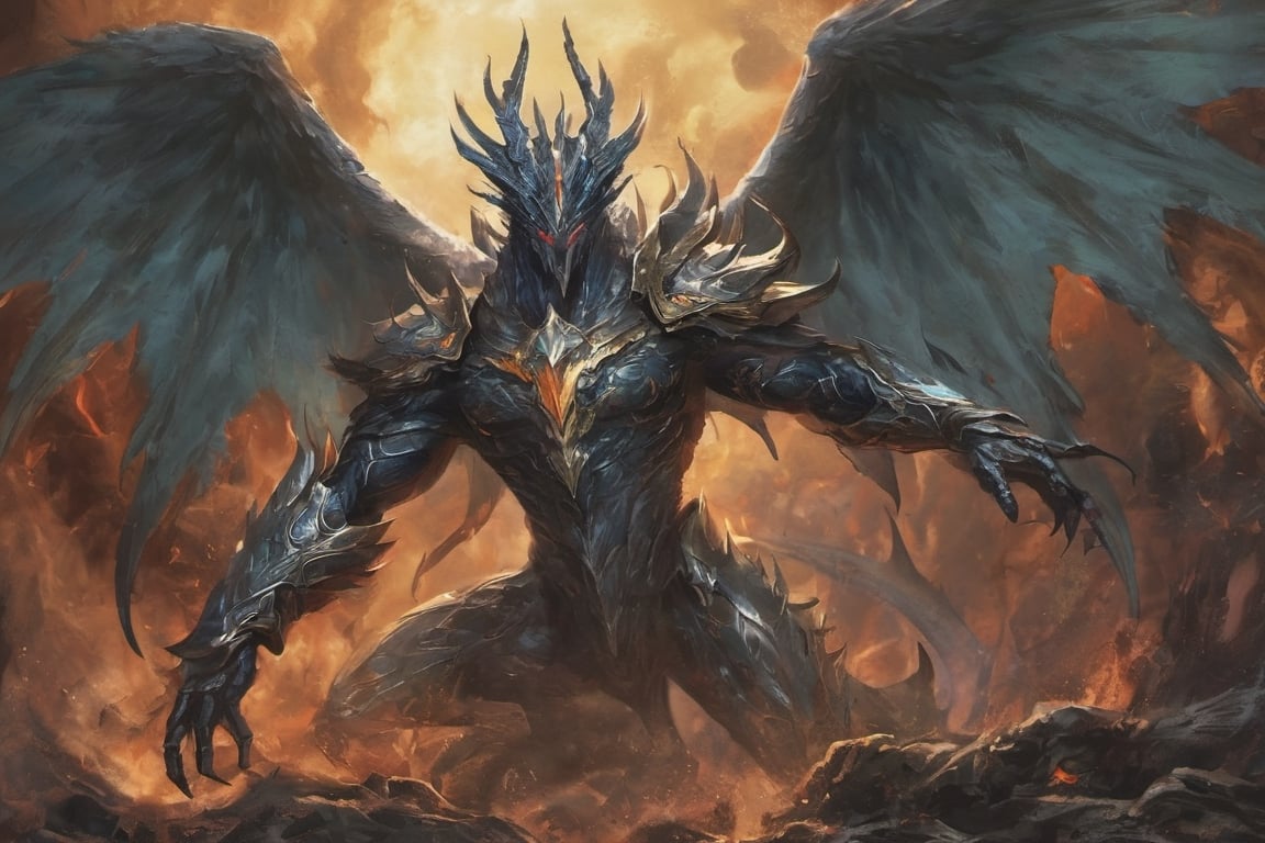 Create a realistic photo of Prince of hell leviathan. Leviathan spreads his wings, totaling eight wings in total, showing that Leviathan is above the Seraphim who have six wings, but still below the True Archangels who have twelve wings. Leviathan clads himself in armor made from the scales of a primordial monster, tougher than diamond and adamant. The armor covers his entire body, with the exception of his head. .Sharp focus, high detailed ,background of hell.,flmngprsn,DonML1quidG0ldXL ,monster,more detail XL