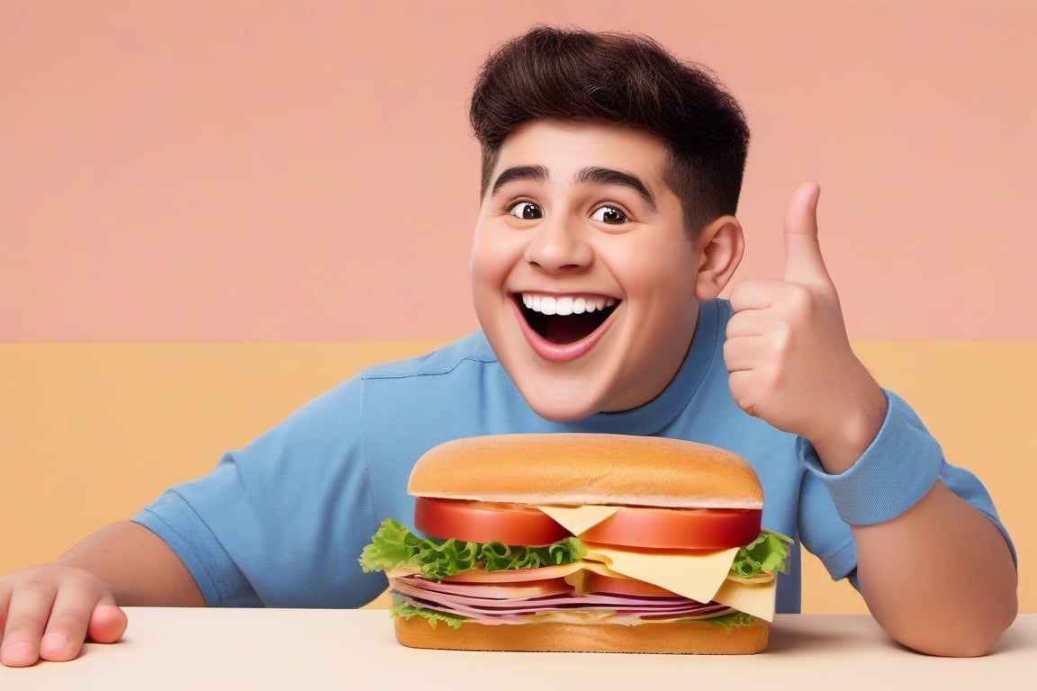 a cartoon character pointing at a sandwich in a cartoon setting with caption that reads, ello est, Ejler Bille, photo, a pastel, tachisme,:d, artist name, burger, food, open mouth, smile