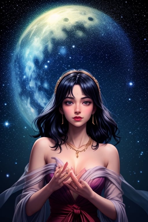 a woman with a gold body and head dress and jewelry on her face and hands, with a blue background, Ayami Kojima, maya, cyberpunk art, cloisonnism,aerial fireworks, astronaut, aurora, city lights, constellation, crescent moon, dust, earth \(planet\), fireflies, fireworks, full moon, galaxy, gem, jewelry, light particles, makeup, milky way, moon, necklace, night, night sky, planet, ring, shooting star, sky, snow, snowing, solo, space, star \(sky\), star \(symbol\), starry background, starry sky, starry sky print, telescope, upper body,<lora:659111690174031528:1.0>