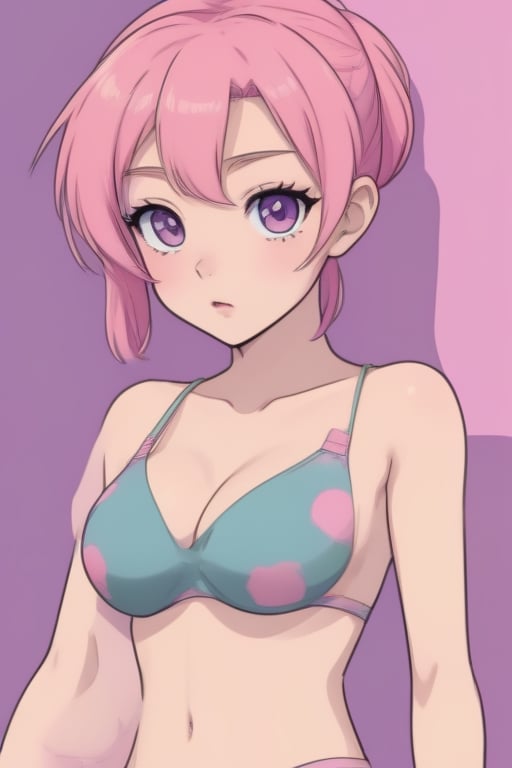 a cartoon girl with red hair and a bra top on, wearing a bikini top and panties, and posing, Aya Goda, sweaty, an anime drawing, sots art,1girl, blush, breasts, cleavage, covered nipples, cowboy shot, gradient, gradient background, large breasts, looking at viewer, narrow waist, navel, open mouth, pink hair, purple hair, short hair with long locks, short shorts, shorts, sidelocks, solo, sweat, wide hips,anime style,<lora:659095807385103906:1.0>